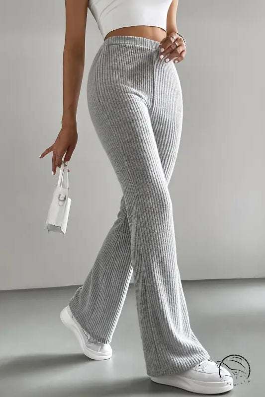 Light gray ribbed knit casual knitted match pants by Langry