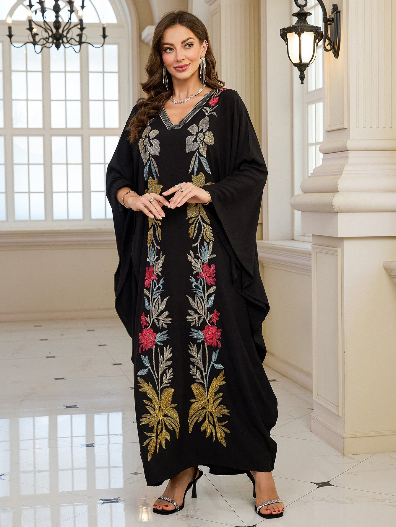 Elegant black floral embroidered abaya with long sleeve length