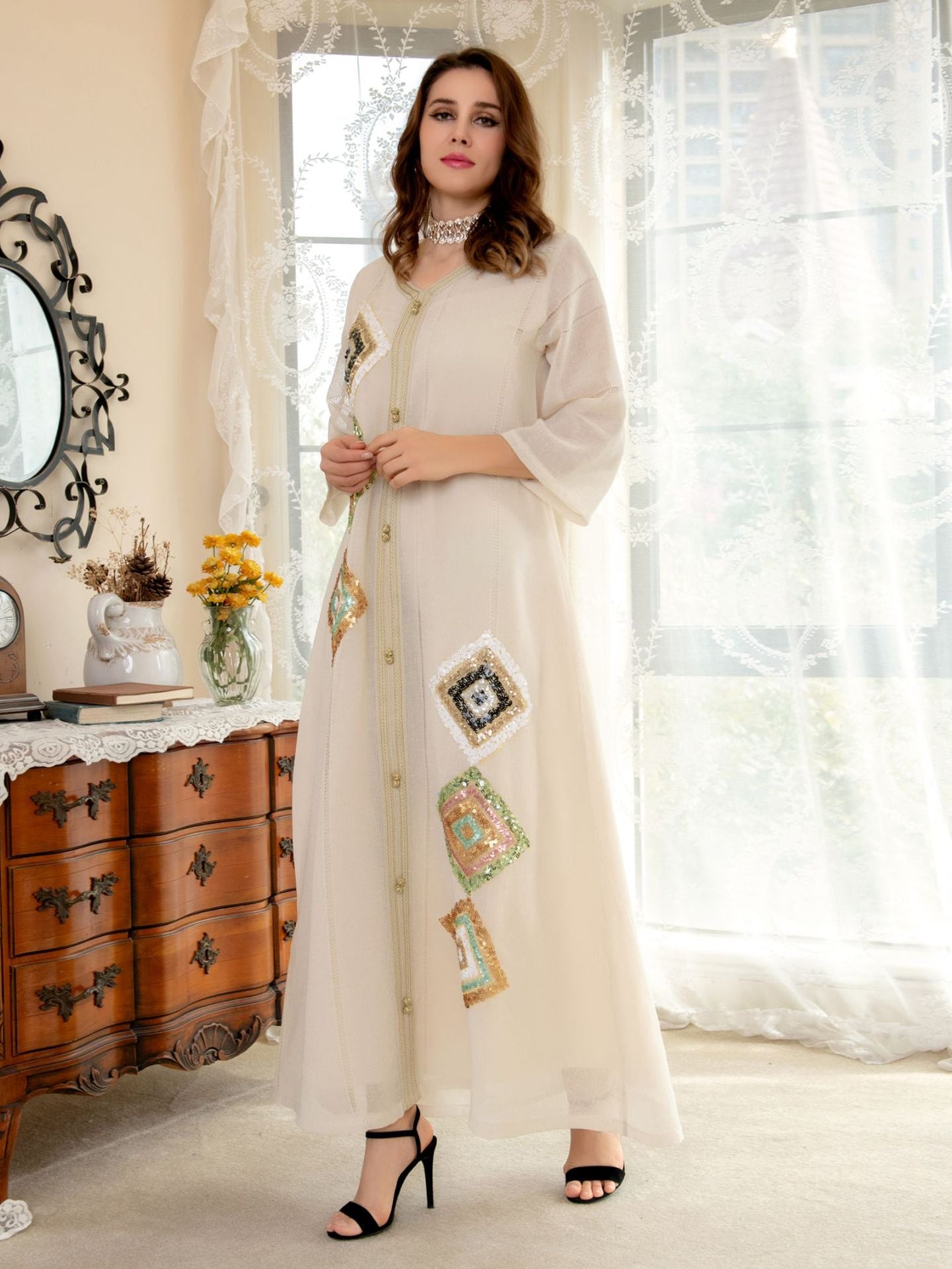 Langry embroidery floral loose dress in cream with patchwork and buttons