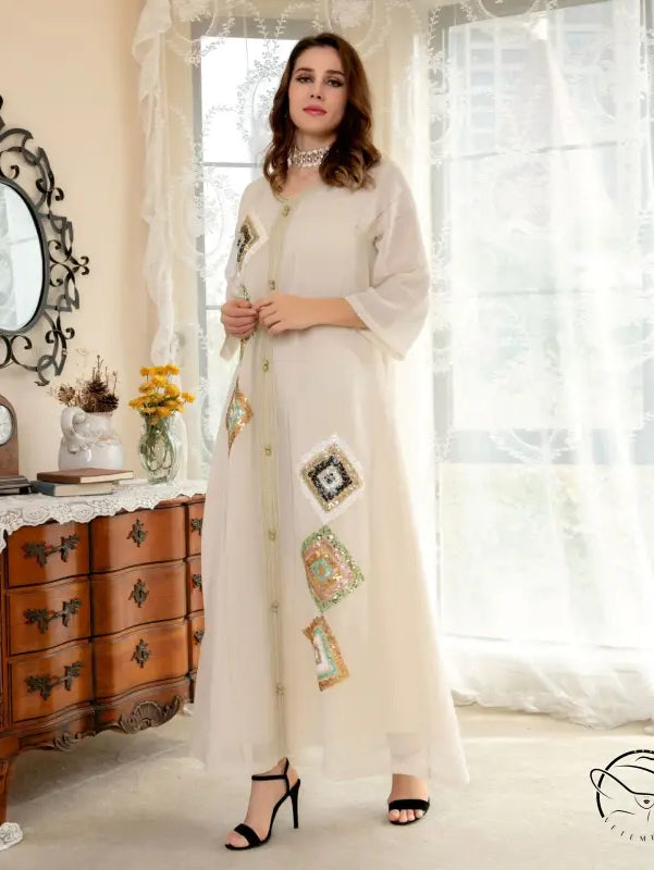 Langry embroidery floral loose dress in cream with patchwork and buttons