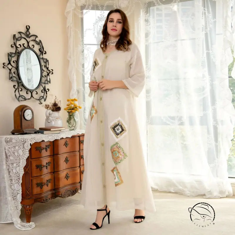 Langry embroidery floral loose dress in cream with patchwork and buttons