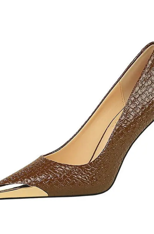 Brown textured stiletto heel with gold toe cap in Langry fashion