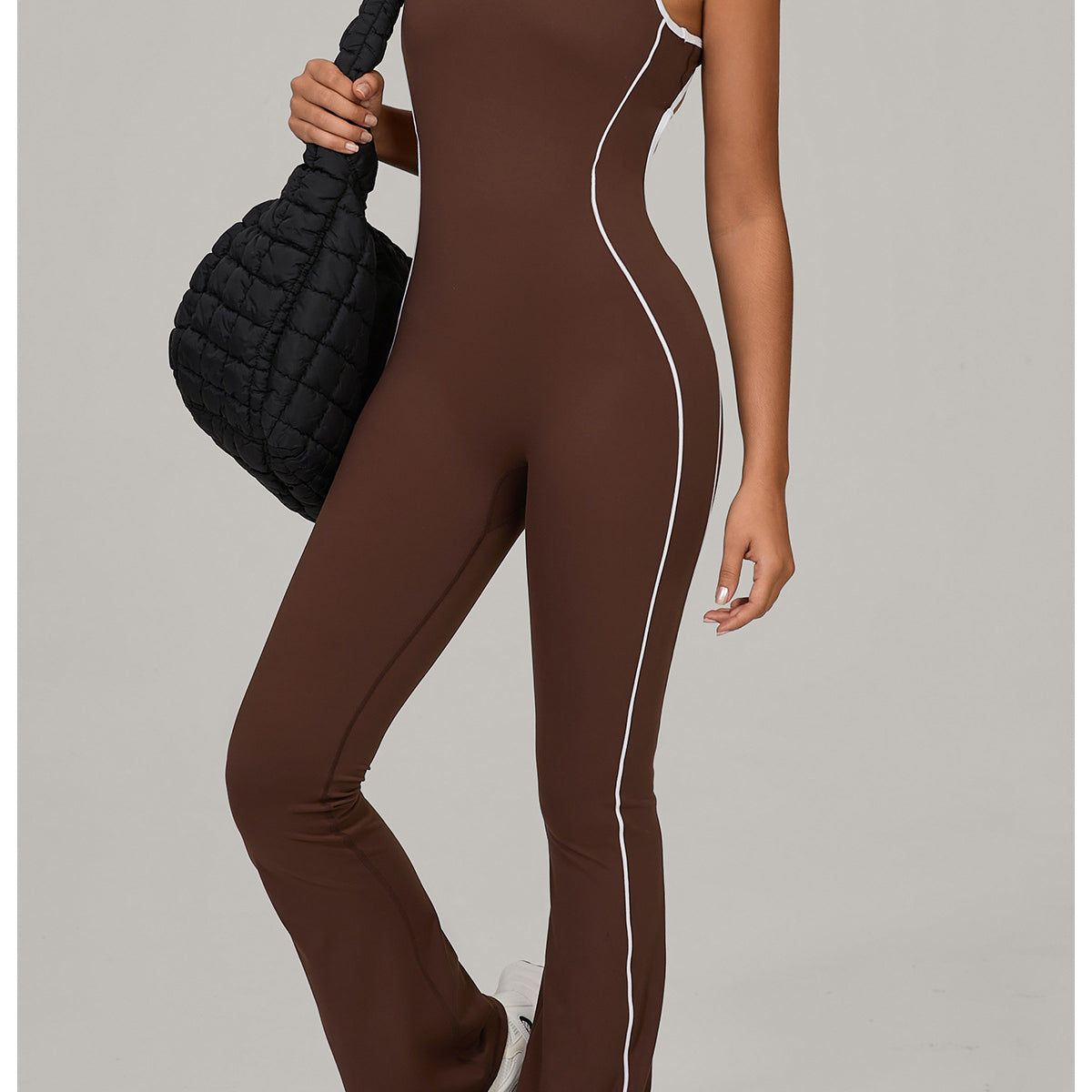 Lululemon Beauty Back Yoga Jumpsuit in brown white stripes with black drawstring waistband, langry fashion ملابس