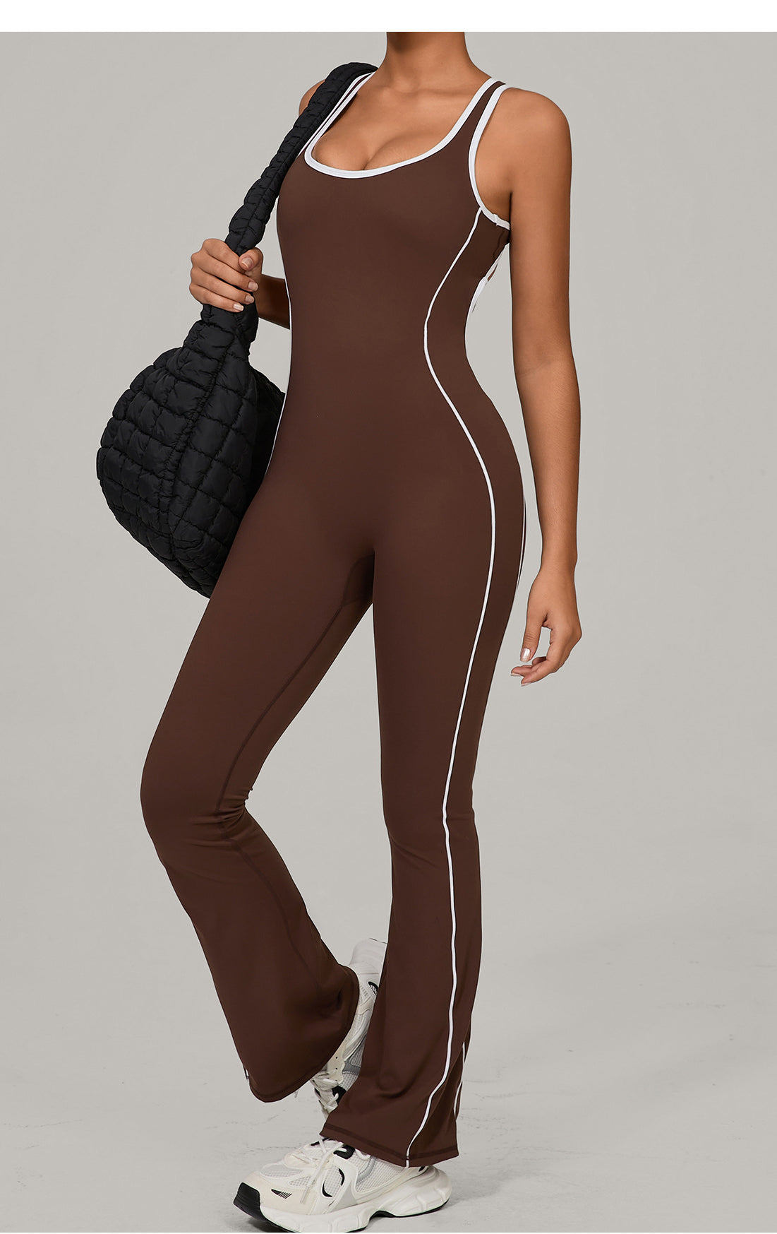 Lululemon Beauty Back Yoga Jumpsuit in brown white stripes with black drawstring waistband, langry fashion ملابس