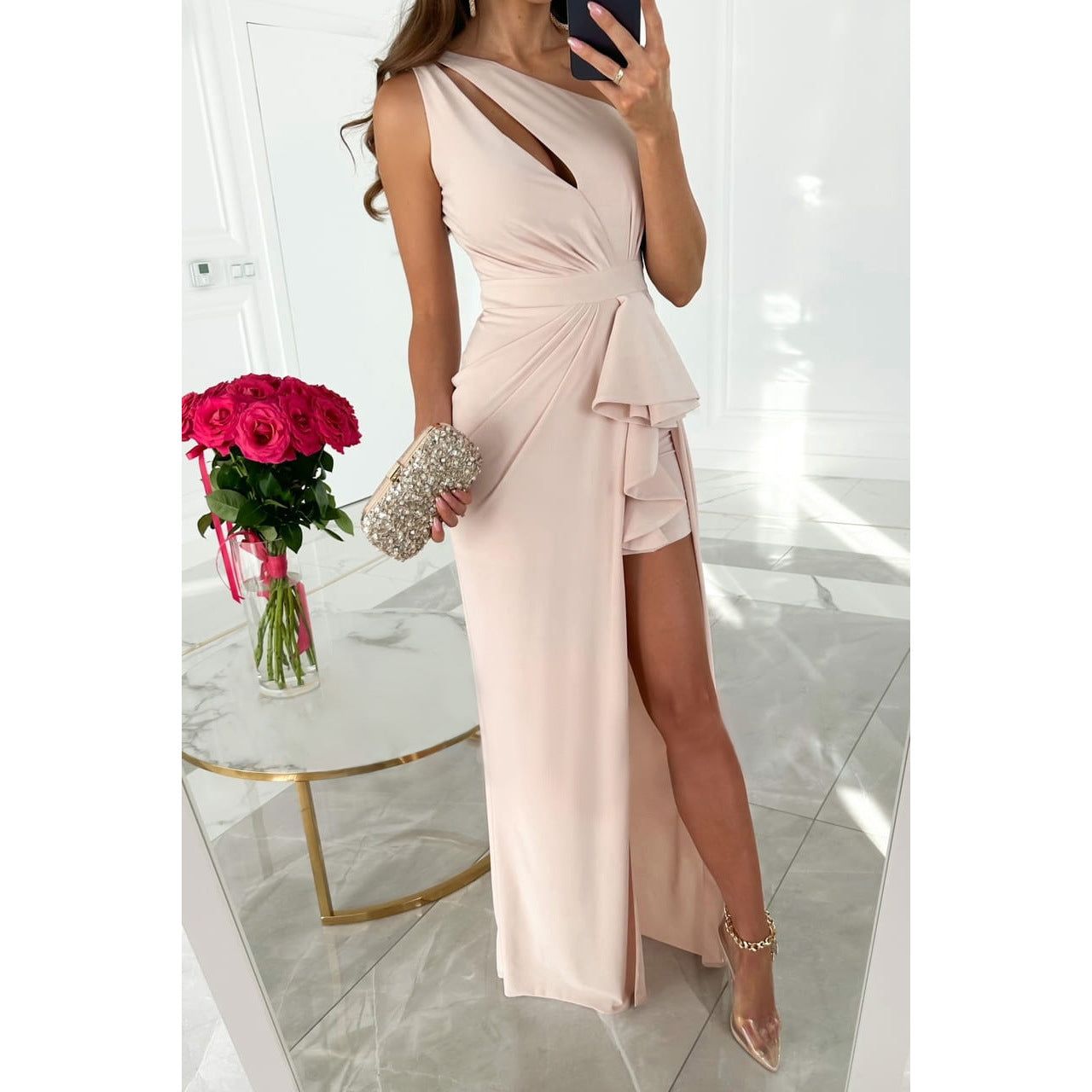 Elegant one-shoulder blush multi color dress with thigh-high slit for stylish occasions