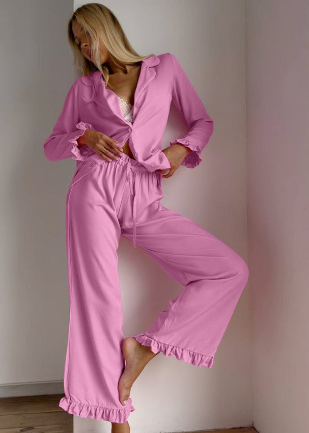 Langry casual loose comfortable cardigan pajamas in pink with ruffles