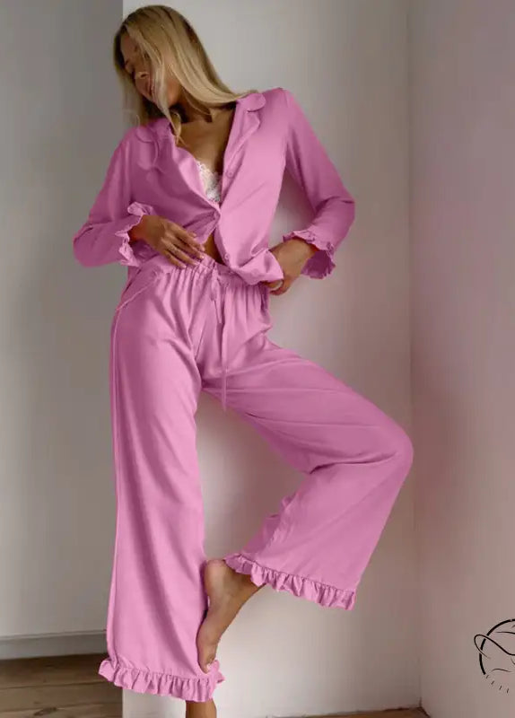 Pink langry fashion pajamas: ruffled button-up shirt and wide-leg pants