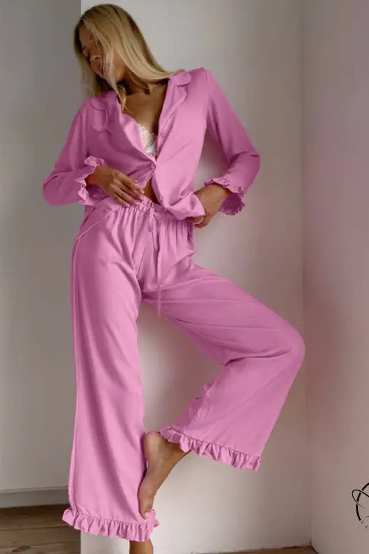 Pink langry fashion pajamas: ruffled button-up shirt and wide-leg pants