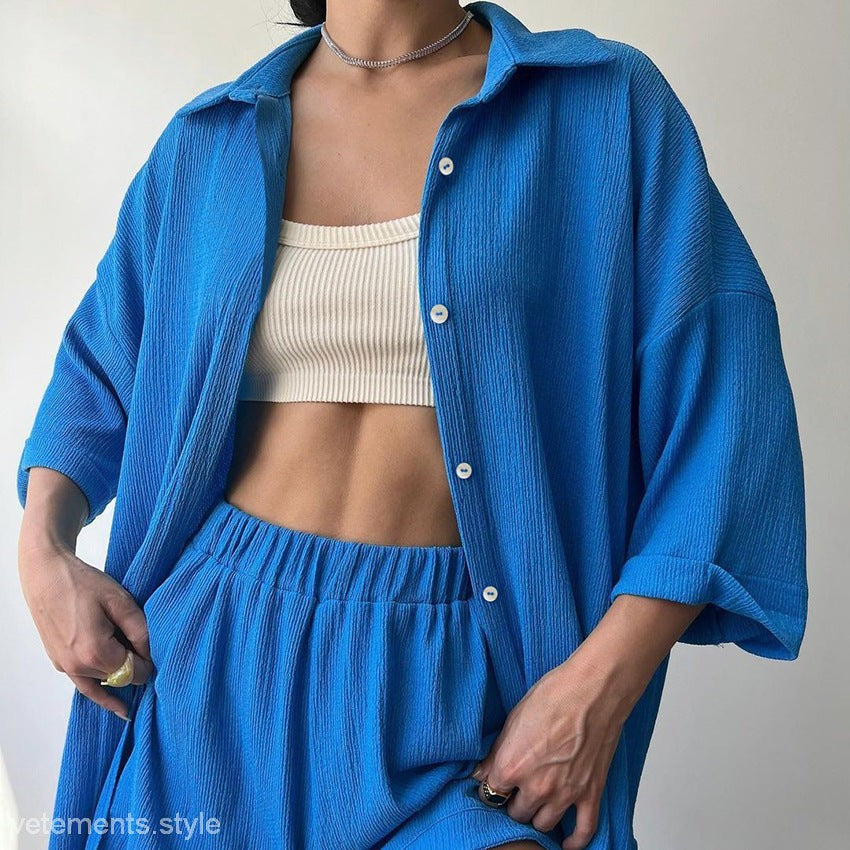 Blue textured shirt and shorts set in comfy loose loungewear for relaxed days