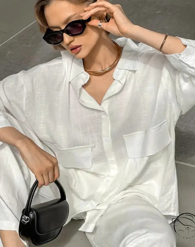 Woman in pure cotton cardigan loose pajamas with sunglasses and necklace