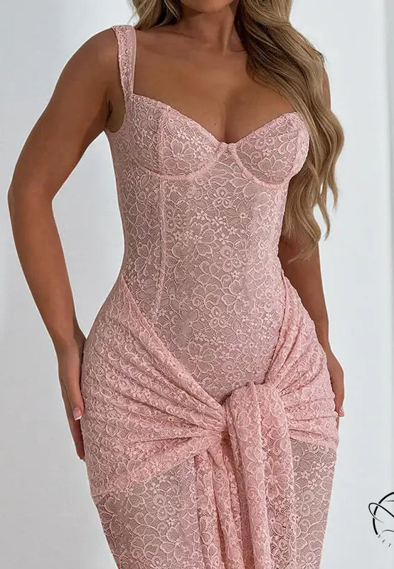 Pink lace dress with waist knot in elegant Langry fashion jumpsuit