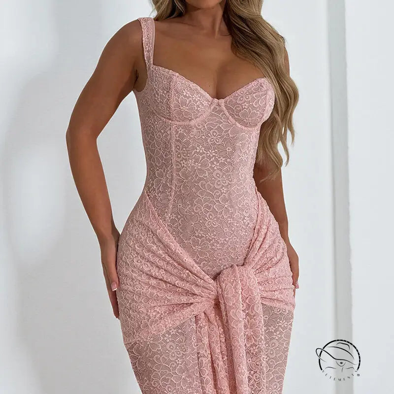 Pink lace dress with waist knot in elegant Langry fashion jumpsuit