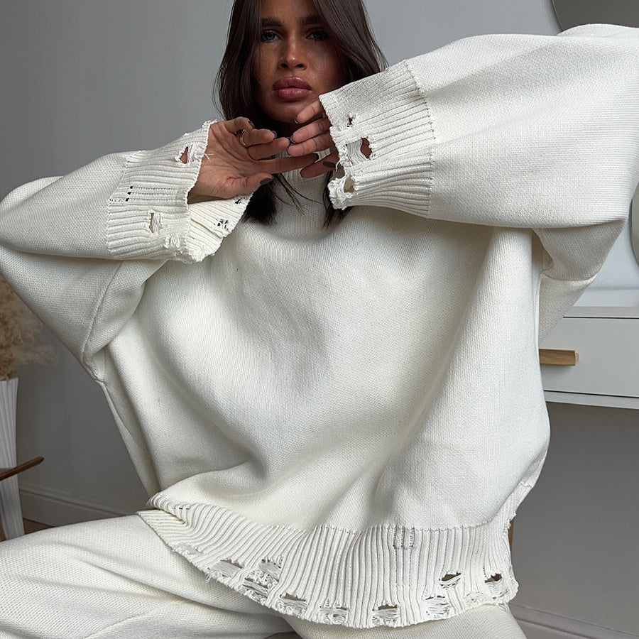 Winter Knitted Ankle Tight Pants Turtleneck Sweater Set