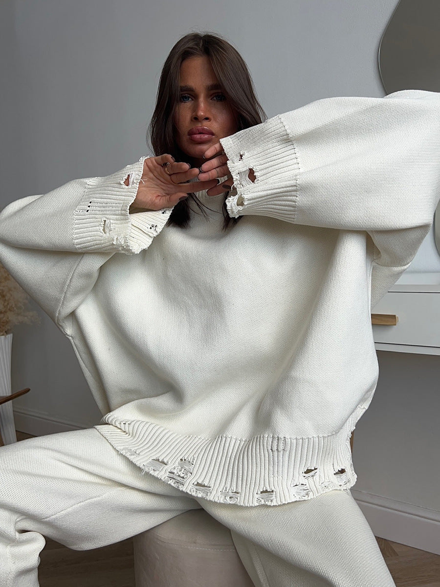 Winter Knitted Ankle Tight Pants Turtleneck Sweater Set