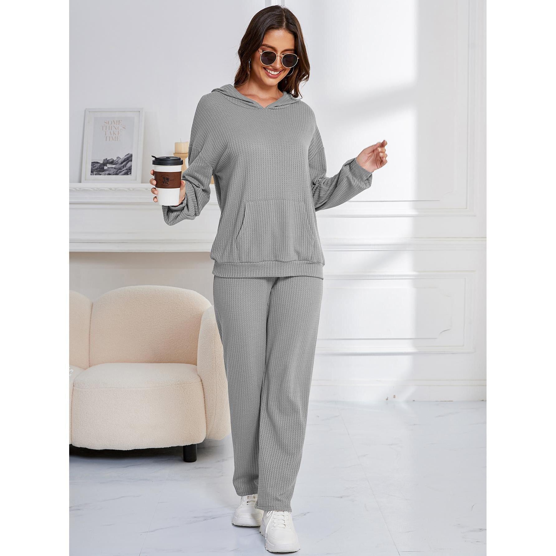 Gray ribbed knit lounge set from Langry, ideal for casual home wear and fashion comfort