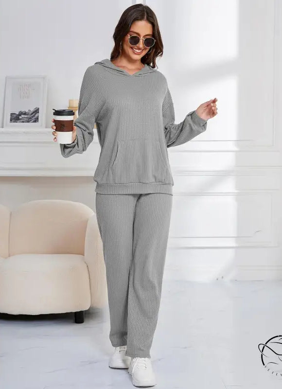 Gray ribbed knit hooded casual suit lounge set for women