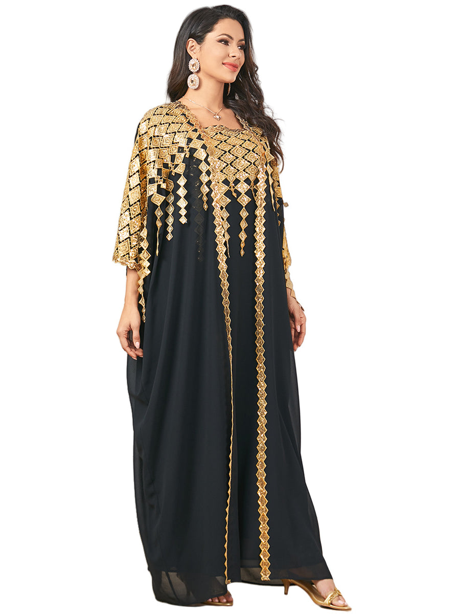 Elegant black and gold langry fashion kaftan dress with geometric patterns