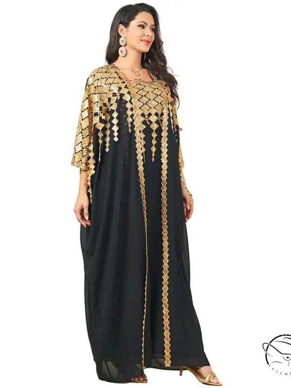 Black and gold langry fashion kaftan dress with geometric patterns