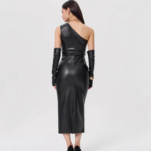 One-shoulder black leather midi dress with gloves, perfect for a stylish fashion statement