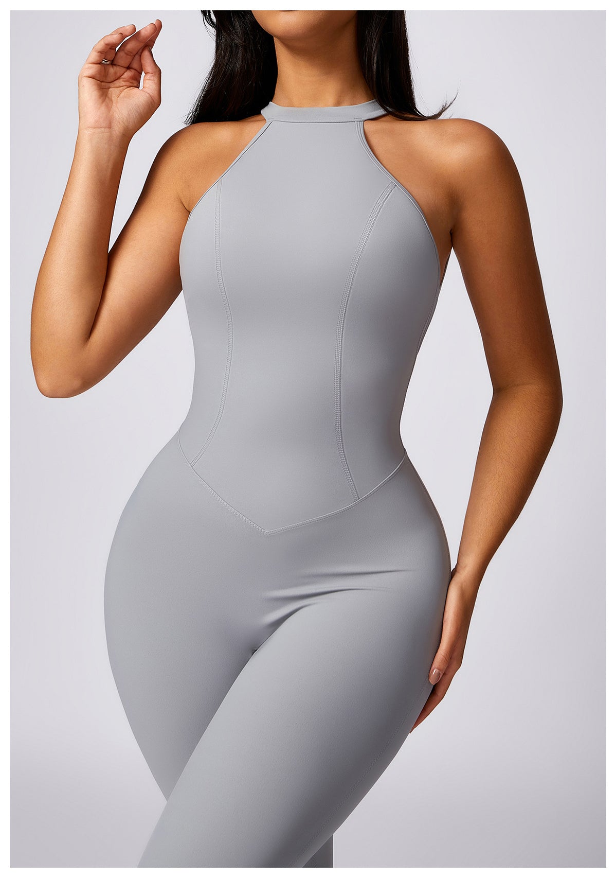 Langry fashion ملابس: sleek gray hip raise yoga jumpsuit with halter neck