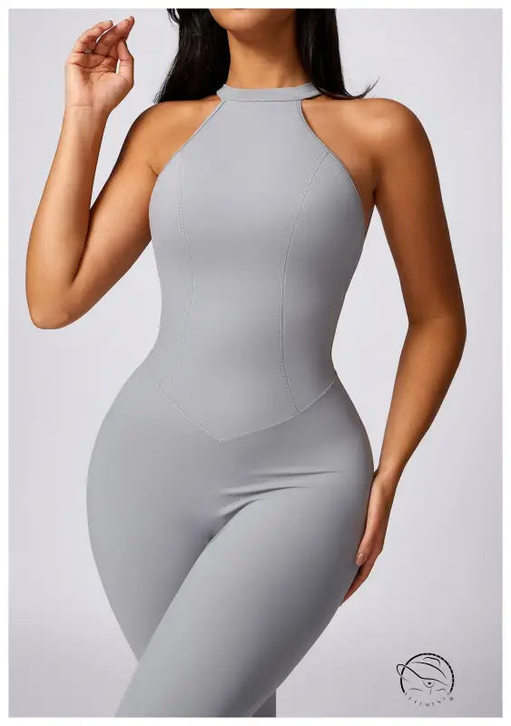 Sleek gray langry fashion ملابس hip raise yoga jumpsuit with halter neckline