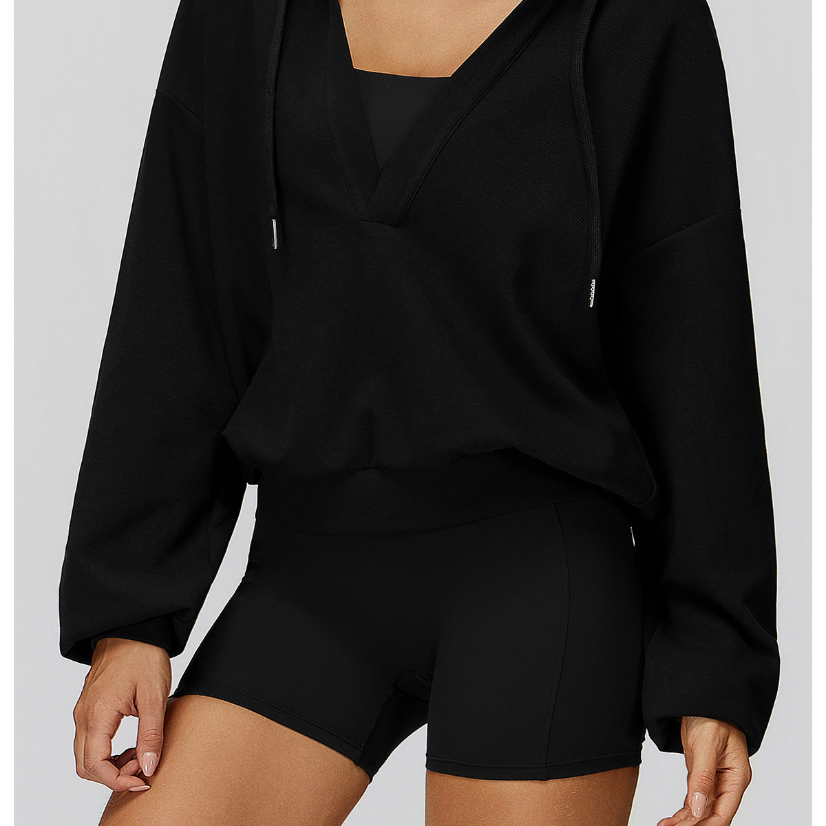 Langry loose comfortable exercise coat: black hoodie with drawstring, pocket, cotton-polyester blend