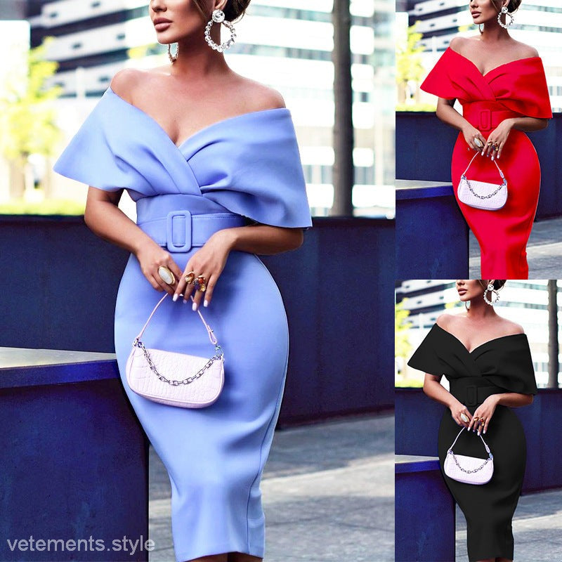 Sexy waist controlled slimming blue off-shoulder dress with ruffles