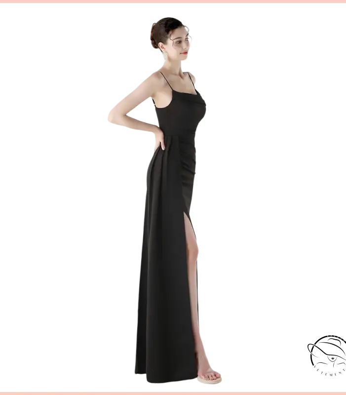 Elegant high slit evening dress in sleek black satin with spaghetti straps