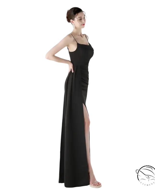 Elegant high slit black satin maxi dress in langry fashion