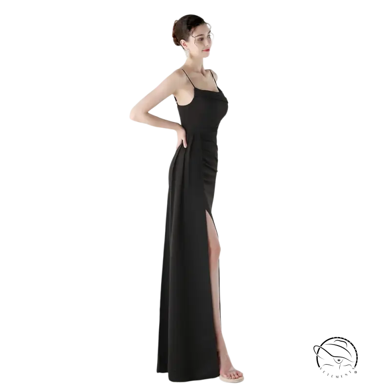 Elegant high slit black satin maxi dress in langry fashion