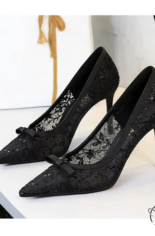 Cocktail High Heel Women Shoes Bow Sequined Lace Mesh Pointed Shallow Mouth Stiletto