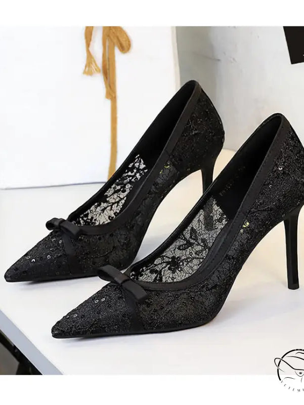 Cocktail High Heel Women Shoes Bow Sequined Lace Mesh Pointed Shallow Mouth Stiletto