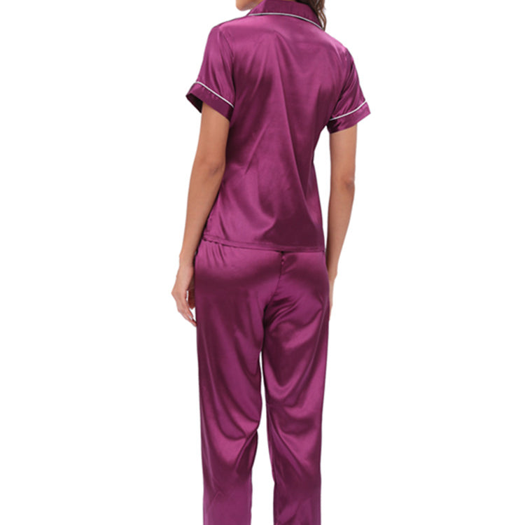 Purple Langry Satin Pajama Set with Piping and Button Front