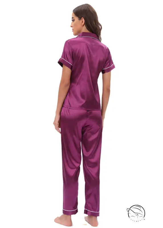 Langry purple satin pajama set with fashion piping