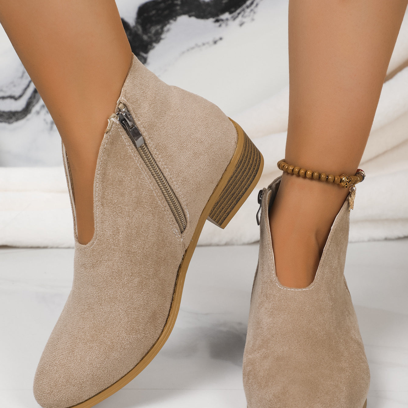 Beige ankle boots with side zippers from Winter Cute Boot, discover free shipping now