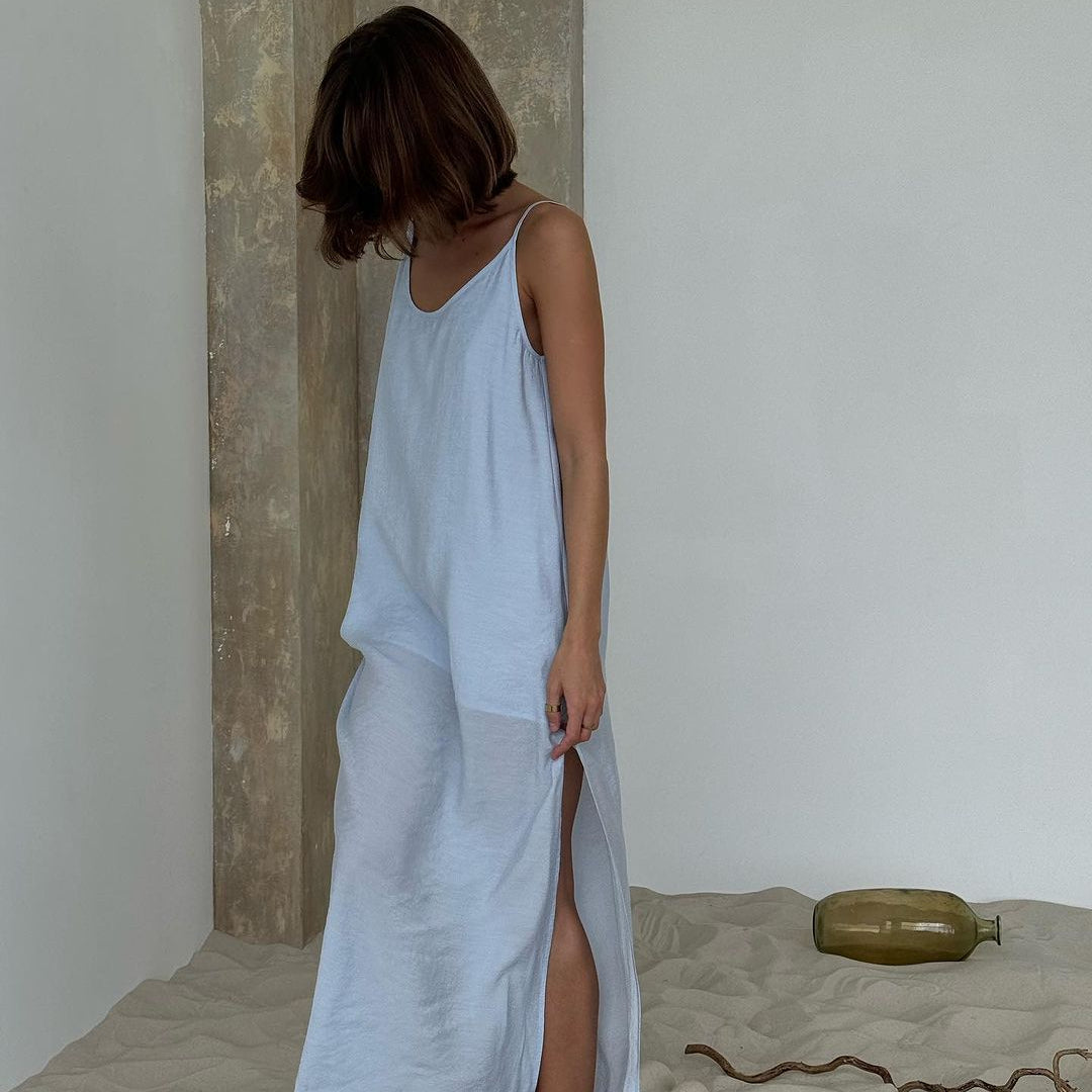 Light blue langry fashion linen slip dress with side slit