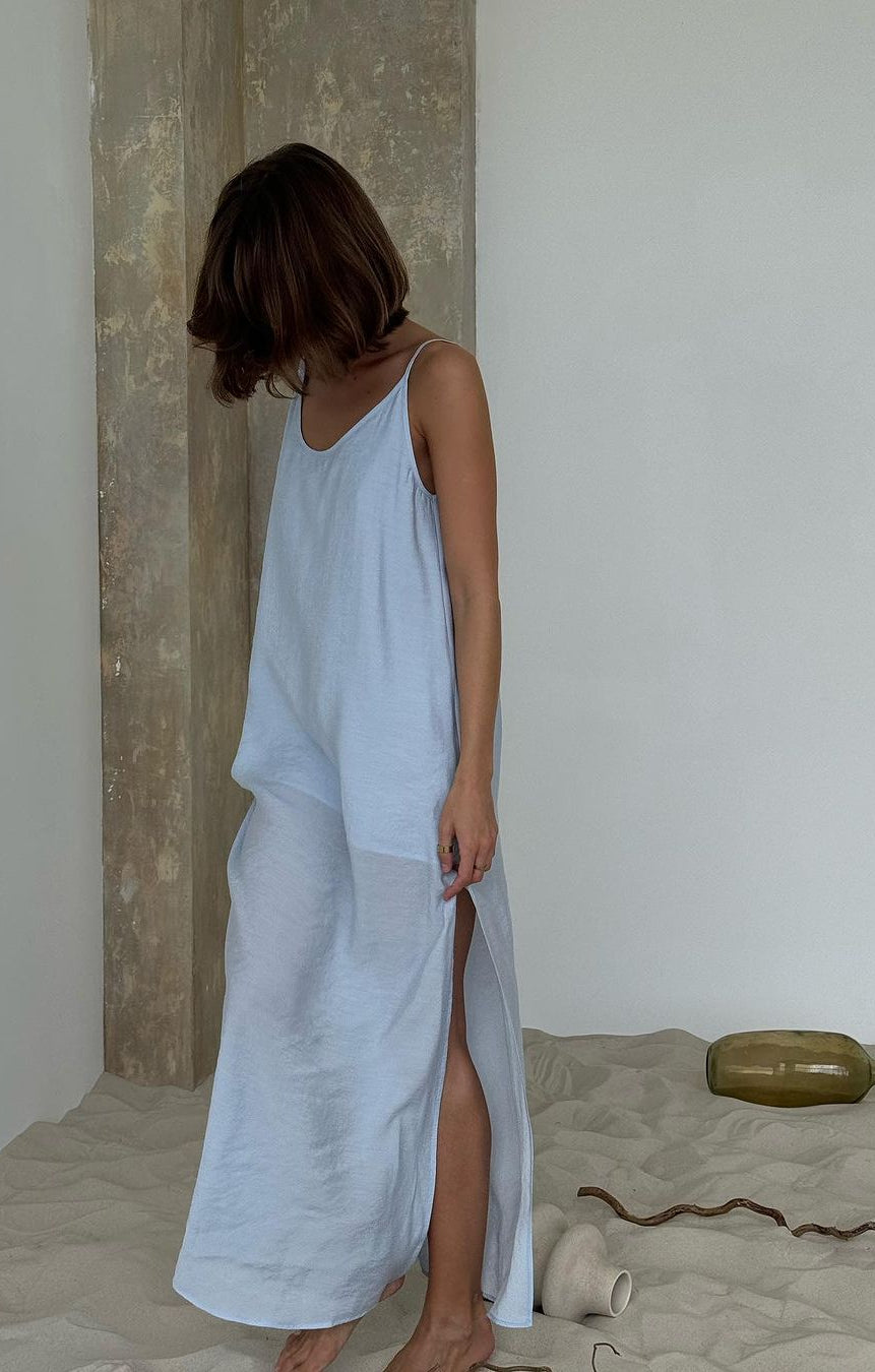 Light blue langry fashion linen slip dress with side slit