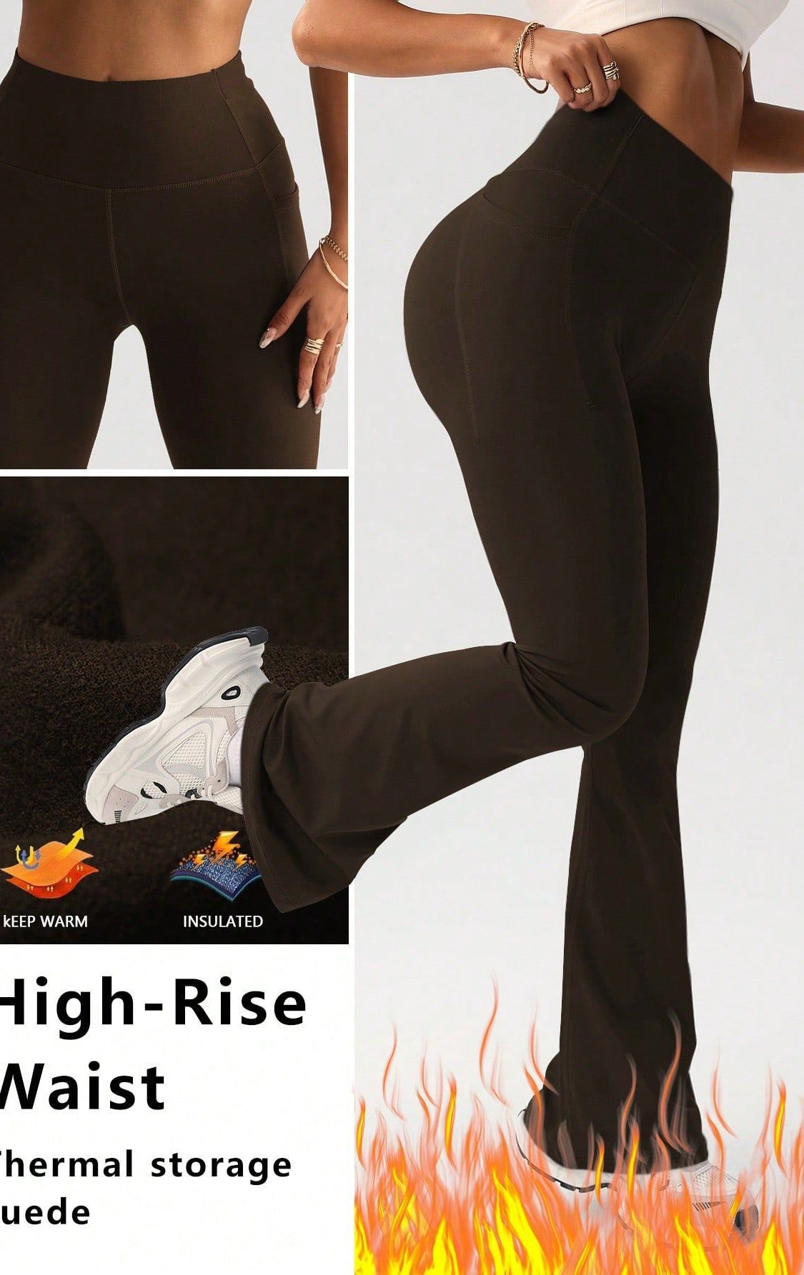 Black high-rise thermal suede wide leg yoga pants by Langry fashion