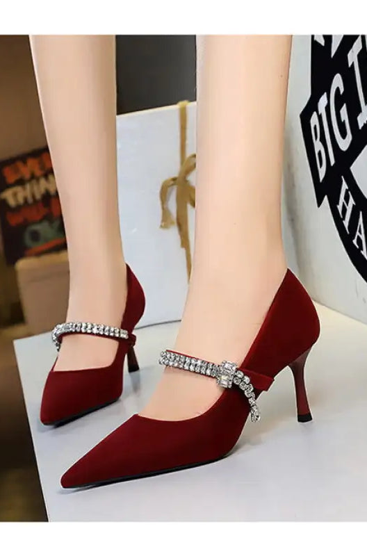 Red velvet high-heeled Langry fashion shoes with rhinestone bow accents
