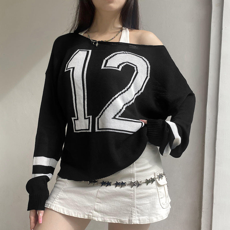 Black langry fashion winter loose pullover sweater with white number 12 for stylish ملابس