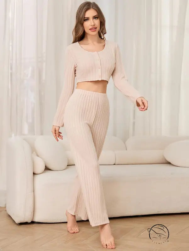 Woman in beige knit lounge set, winter casual two piece pajamas