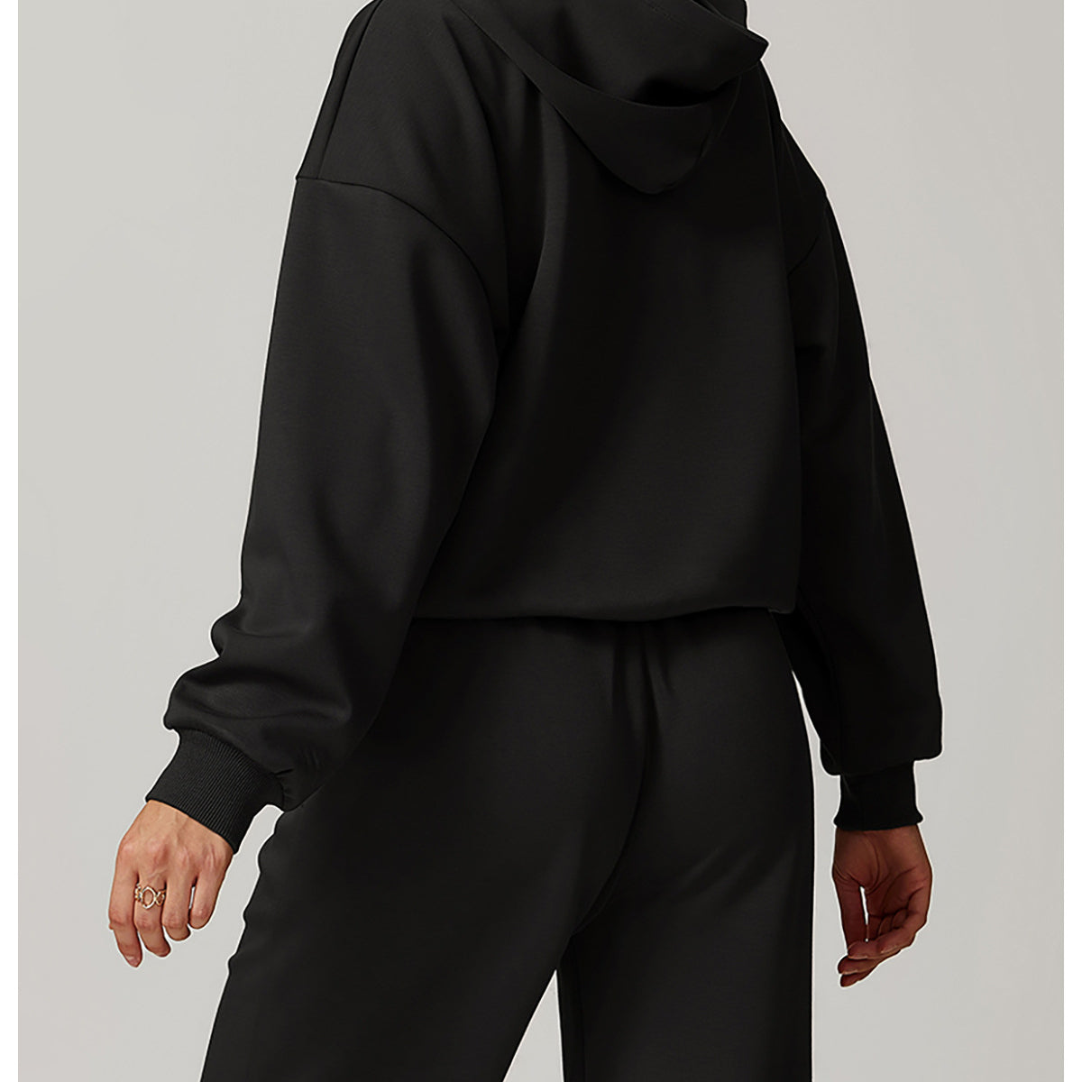 Black hooded sweatshirt and pants set in Casual Fashionable Loose All Match Coat by Langry