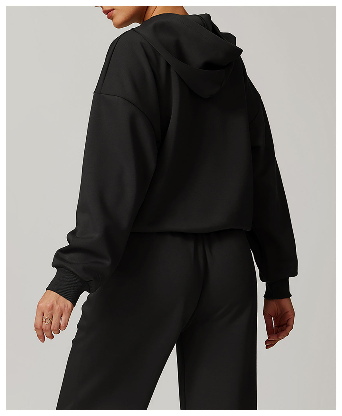 Black hooded sweatshirt and pants set in Casual Fashionable Loose All Match Coat by Langry