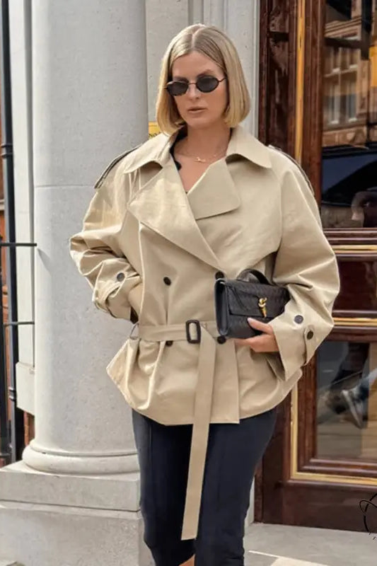Beige double-breasted trench coat with belt, British langry fashion style