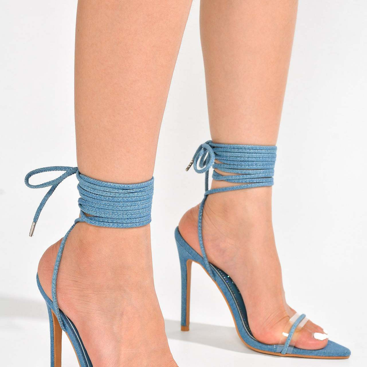 Denim lace-up stiletto heels from Ankle Strap Stiletto Heels collection for fashionable style