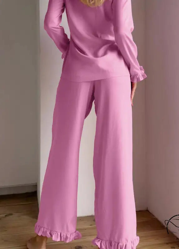 Casual loose lavender langry satin pajamas with ruffles, fashion ملابس
