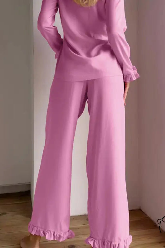 Casual loose lavender langry satin pajamas with ruffles, fashion ملابس