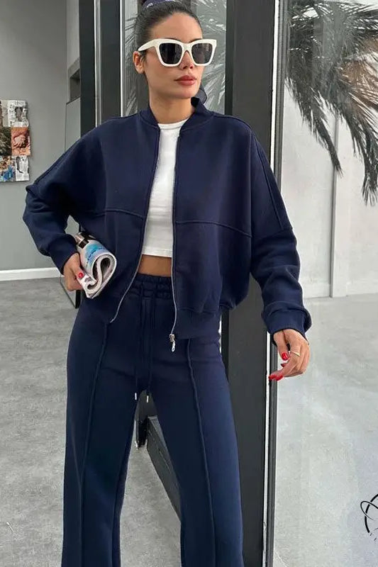 Winter Fur Zipper Cardigan Casual Straight Pants Two Piece Sets