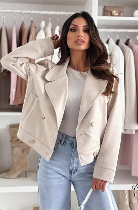 Langry fashion slim collared suede short coat with cream double-breasted buttons and pockets