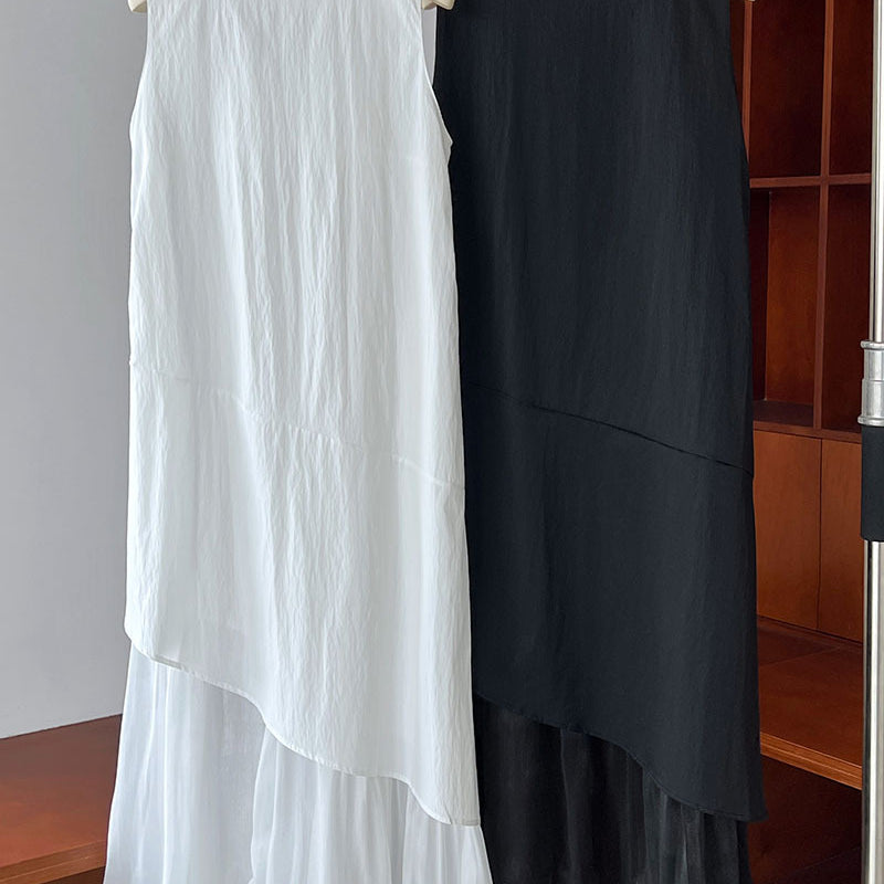 Two sleeveless Elegant Korean Style Dresses with asymmetrical layered hems in white and black